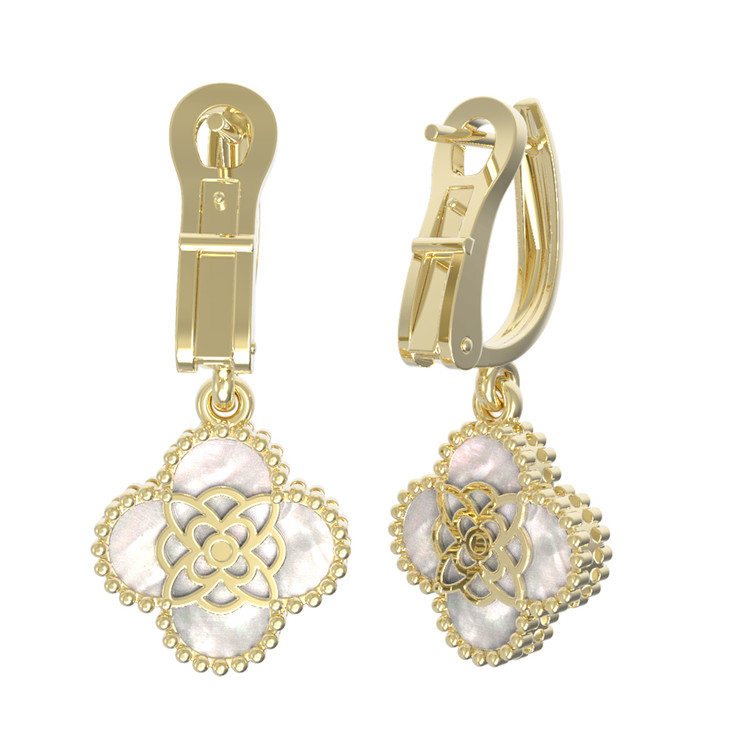 Серьги из лимонного золота 585 пробы c бриллиантами и перламутром