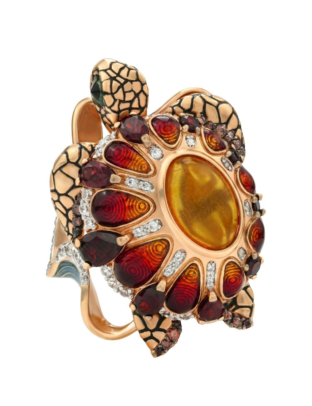 Кольцо из золота c эмалью, фианитом, гранатом и янтарём