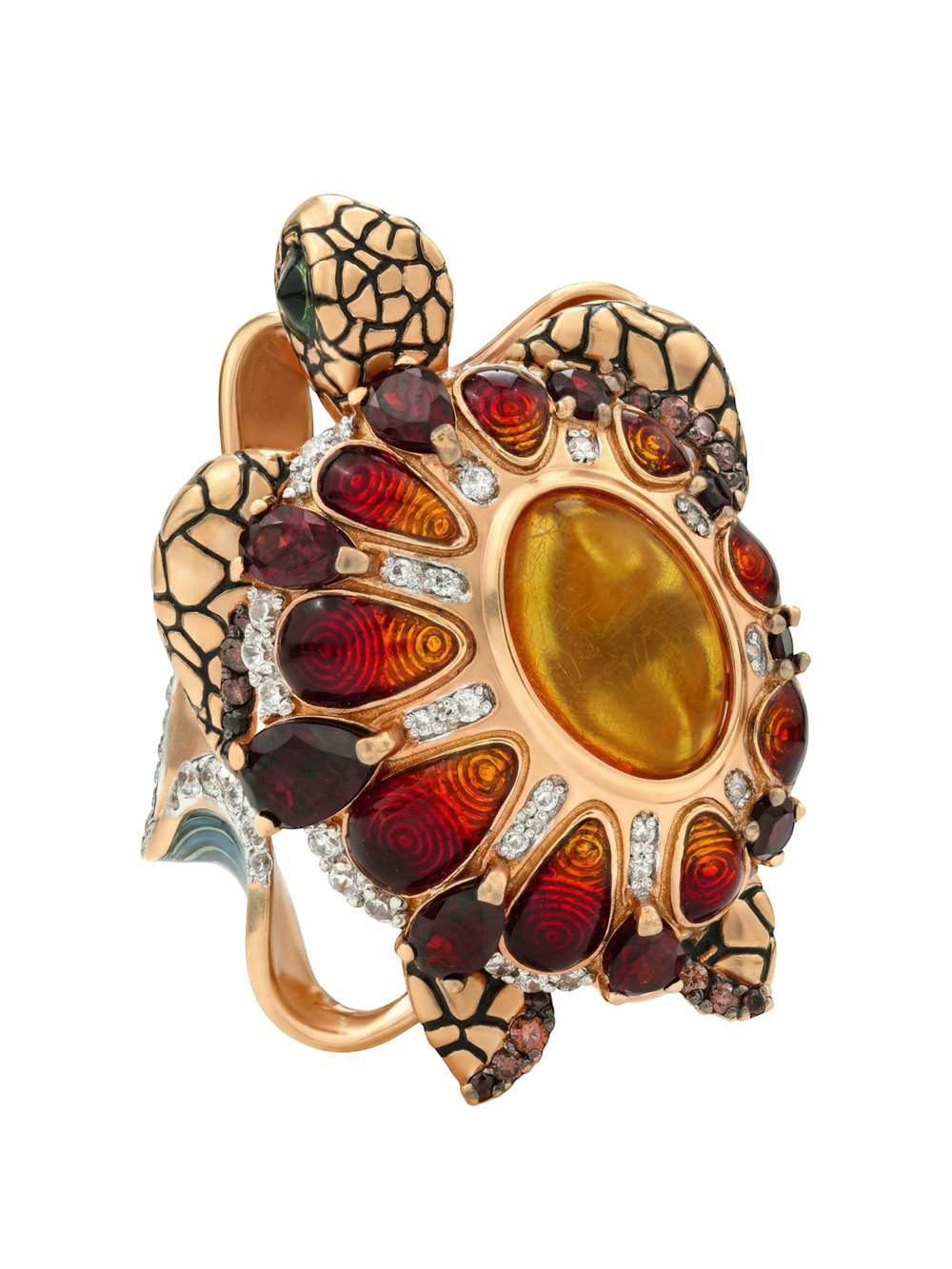 Кольцо из красного золота 585 пробы c эмалью, фианитом, гранатом и янтарём