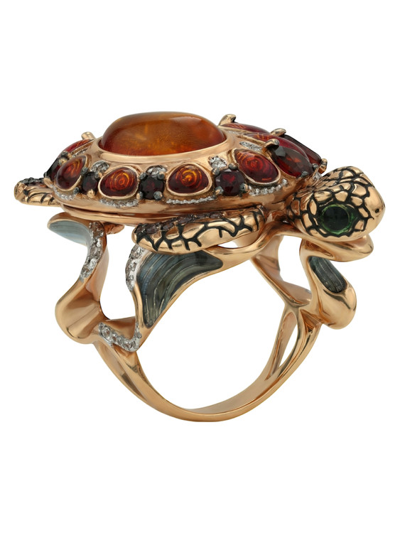 Кольцо из красного золота 585 пробы c эмалью, фианитом, гранатом и янтарём
