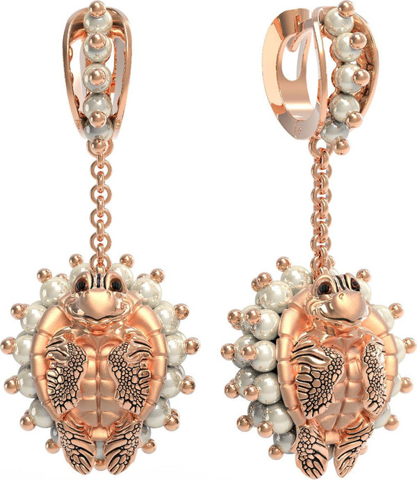 Серьги из красного золота 585 пробы c эмалью и жемчугом