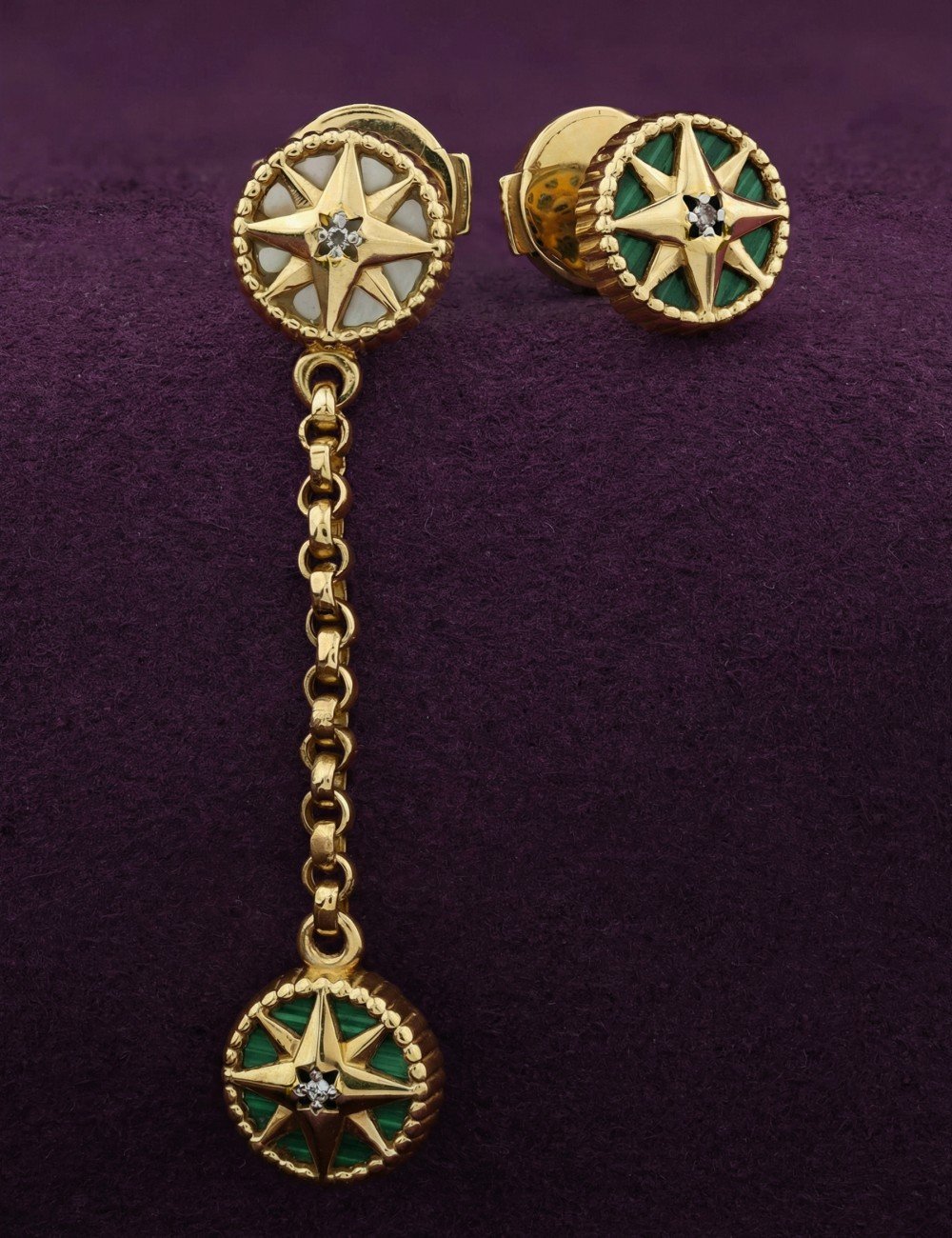 Серьги из лимонного золота c бриллиантами, малахитом и перламутром