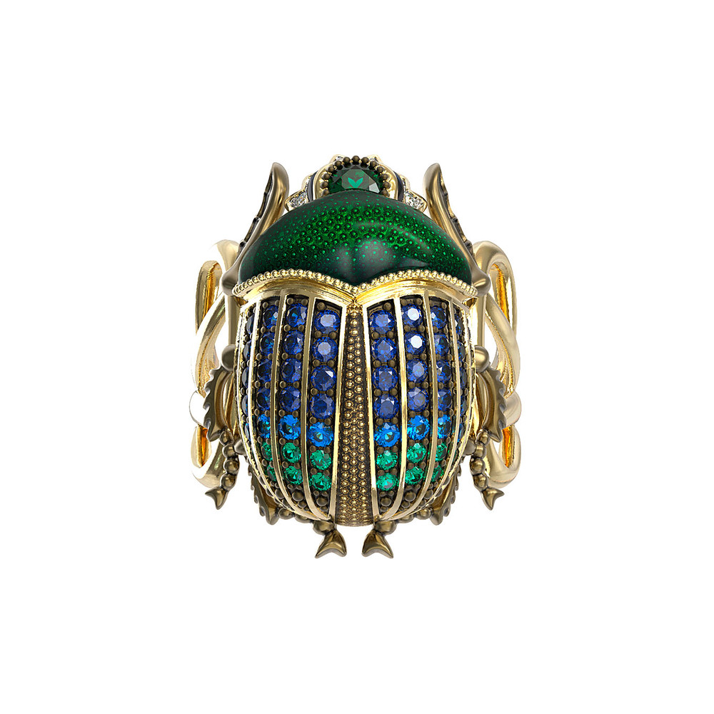 Кольцо из лимонного золота 585 пробы c эмалью, фианитом и турмалином