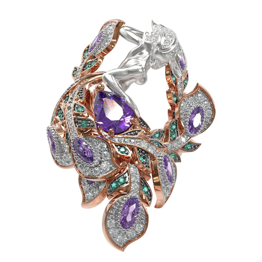 Кольцо из красного золота 585 пробы c фианитом и аметистом