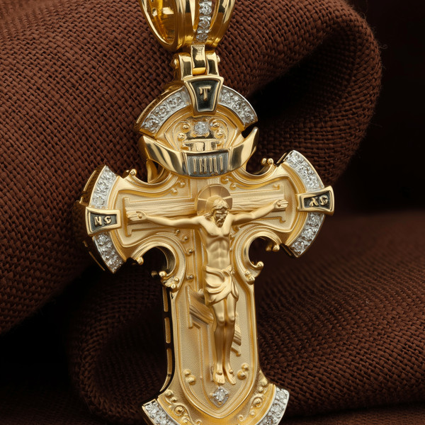 Крест из лимонного золота 585 пробы c бриллиантами