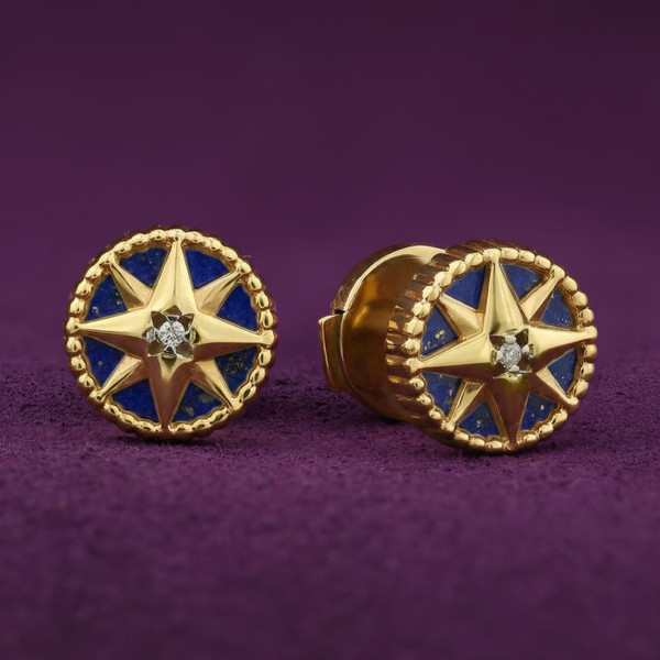 Серьги из лимонного золота 585 пробы c бриллиантами и лазуритом