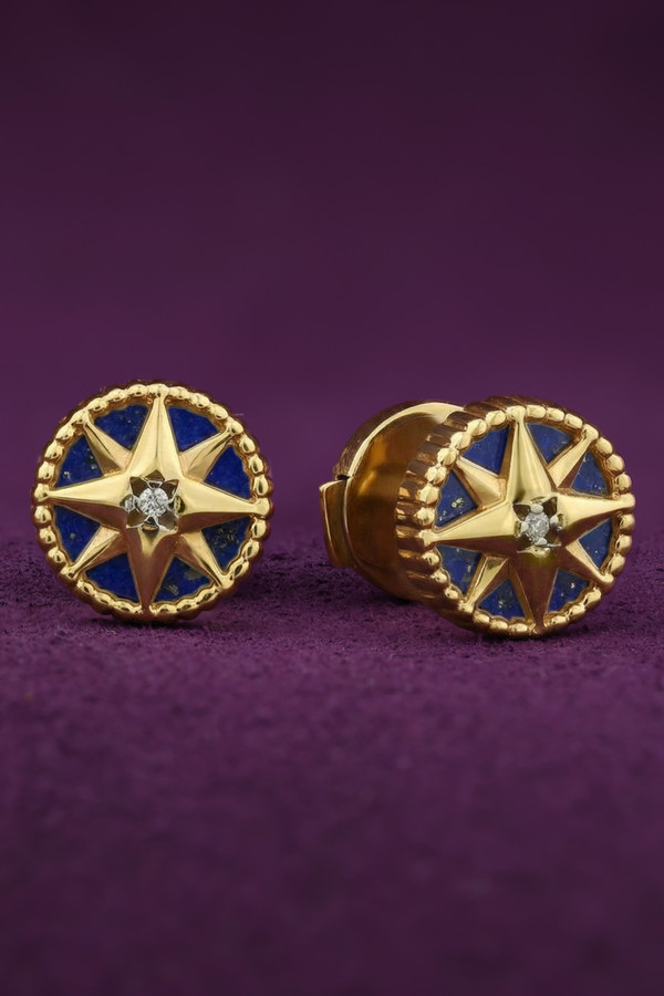 Серьги из лимонного золота 585 пробы c бриллиантами и лазуритом