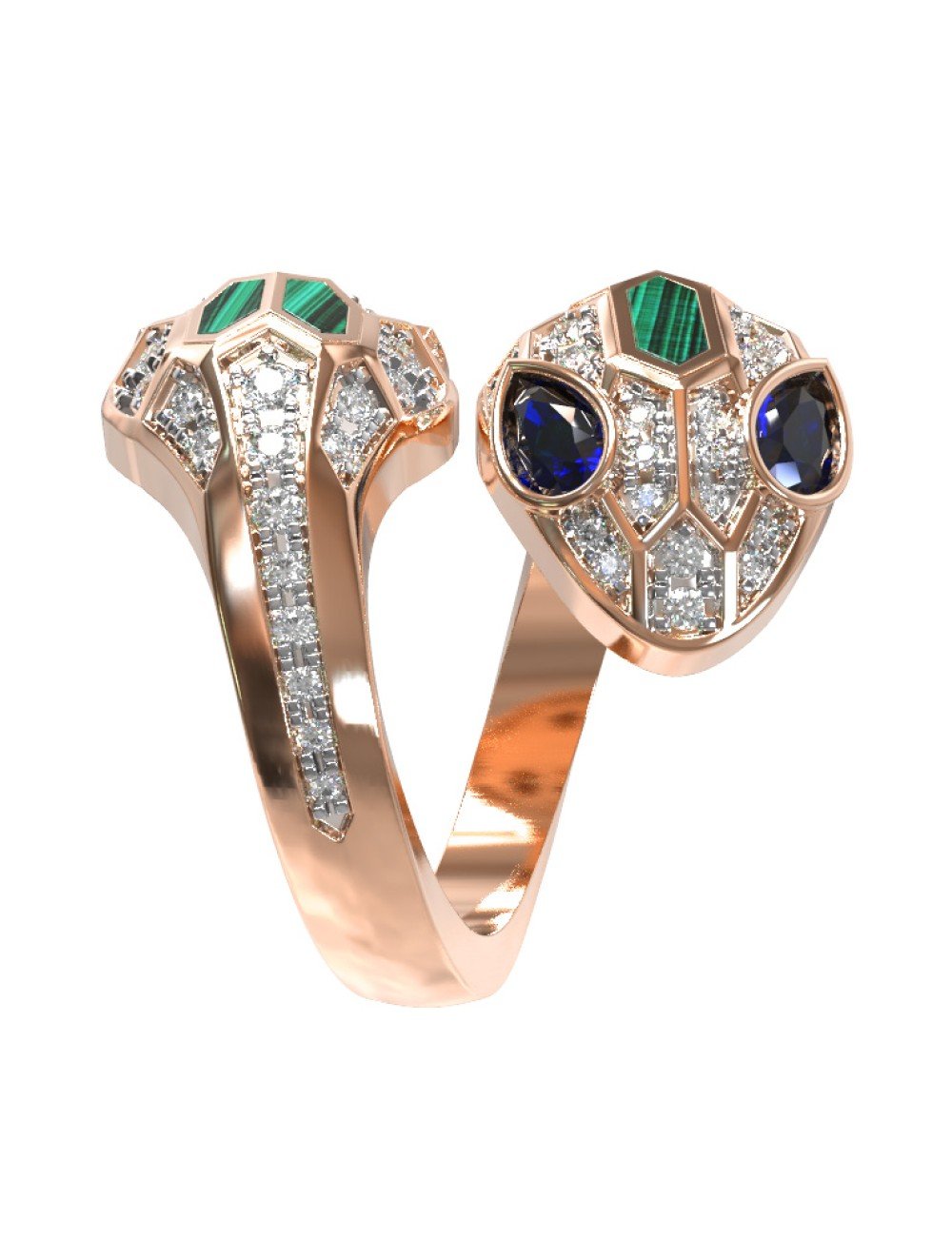 Кольцо из золота c бриллиантами, сапфиром и малахитом