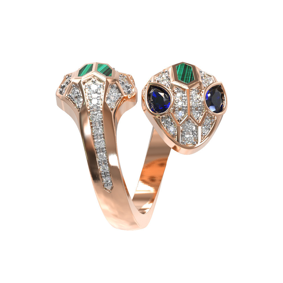 Кольцо из красного золота 585 пробы c бриллиантами, сапфиром и малахитом