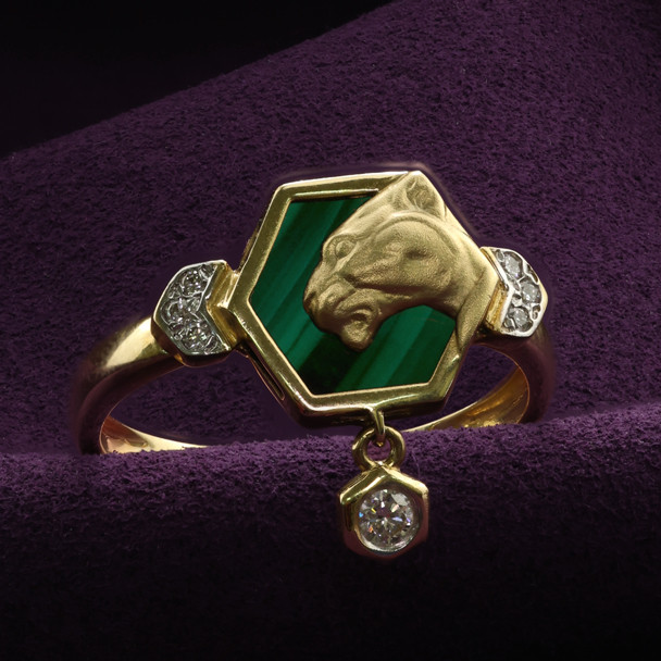 Кольцо из лимонного золота 585 пробы c бриллиантами и малахитом