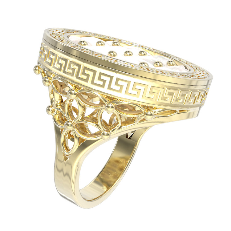 Кольцо из лимонного золота 585 пробы c эмалью и перламутром