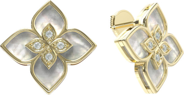 Серьги из лимонного золота 585 пробы c бриллиантами и перламутром