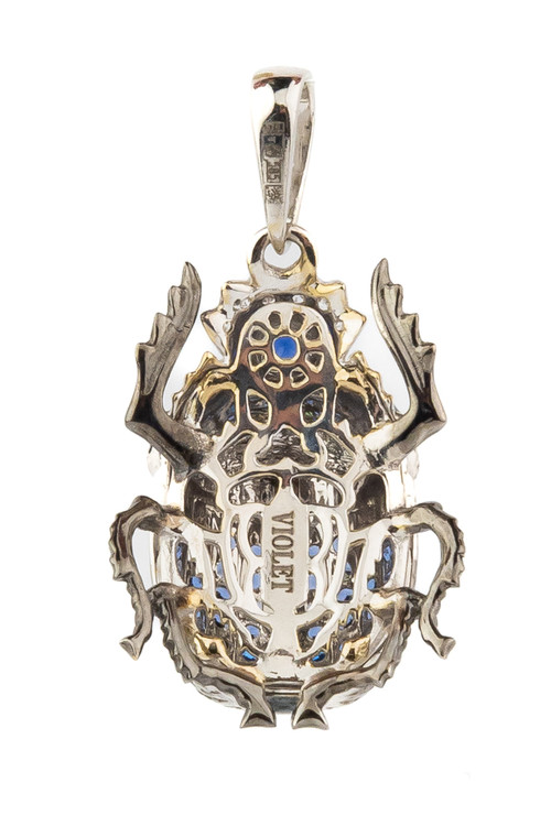 Подвеска из белого золота 585 пробы c эмалью, фианитом и сапфиром