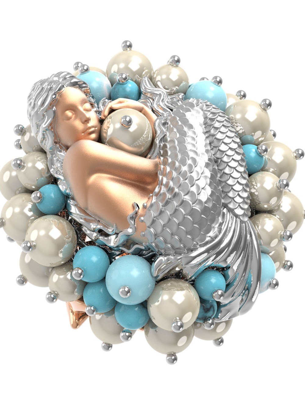 Кольцо из золота c жемчугом и бирюзой