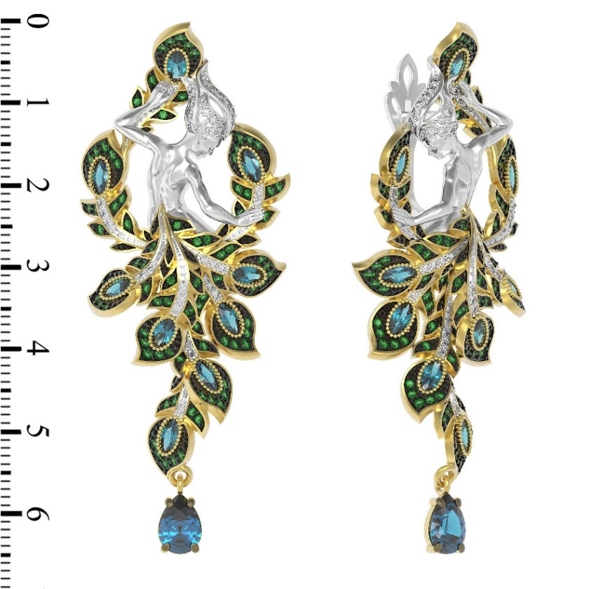 Серьги из лимонного золота 585 пробы c фианитом и топазом London Blue