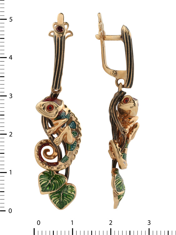 Серьги из красного золота 585 пробы c эмалью и гранатом