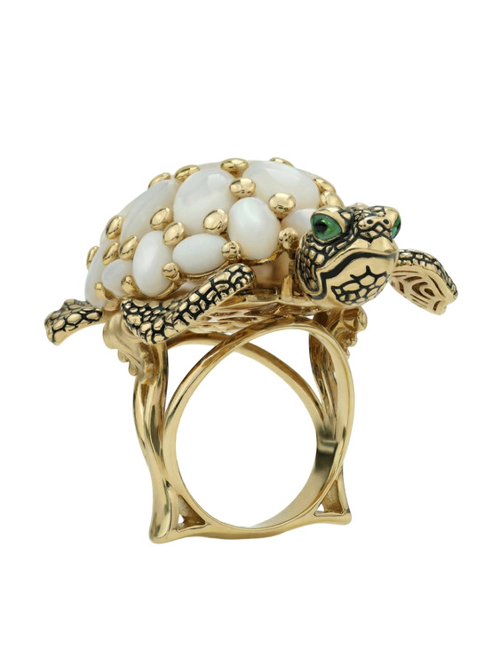 Кольцо из лимонного золота 585 пробы c эмалью и перламутром