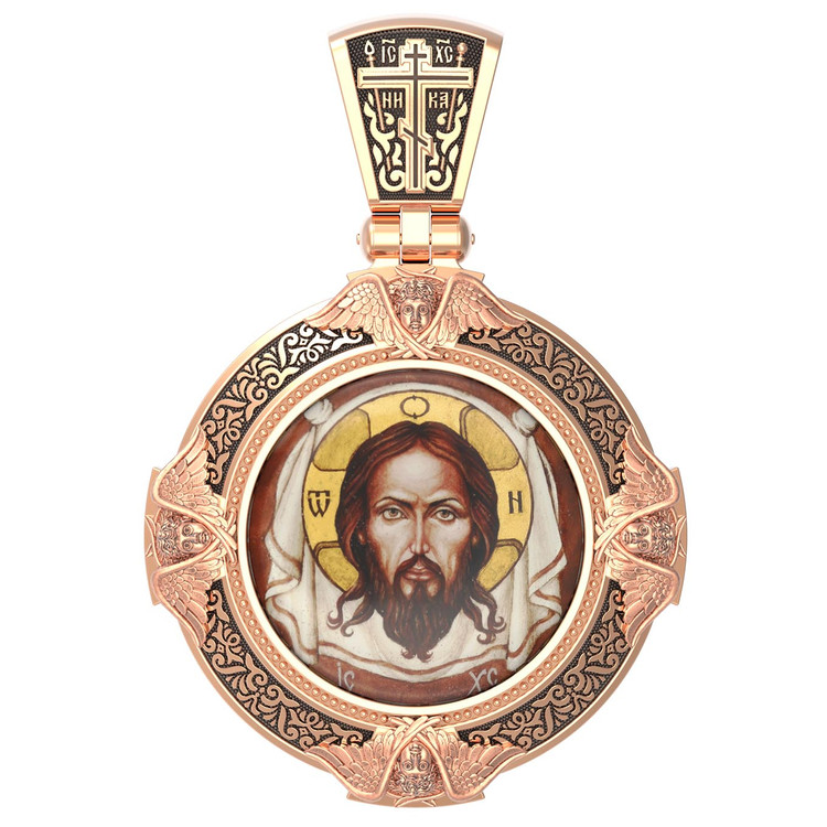 Нательная икона из красного золота 585 пробы c эмалью, иконописью и темперой