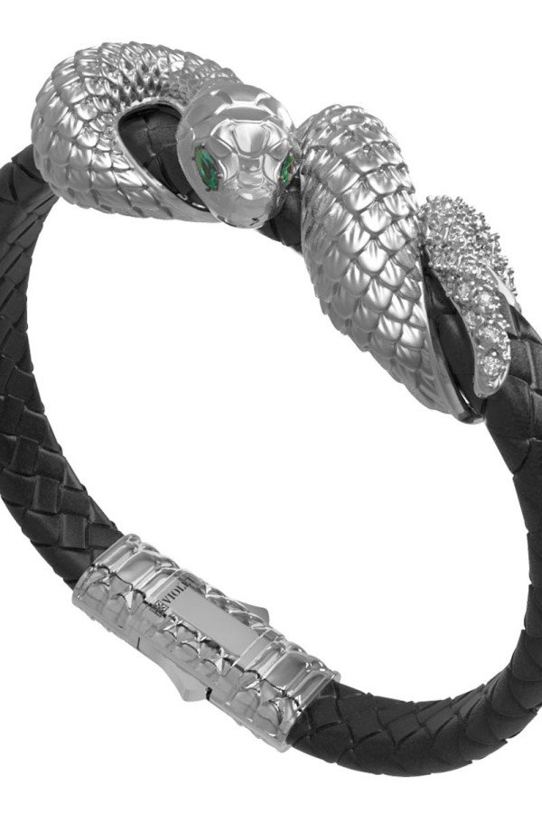 Браслет из белого золота c бриллиантами, изумрудом и шнурком