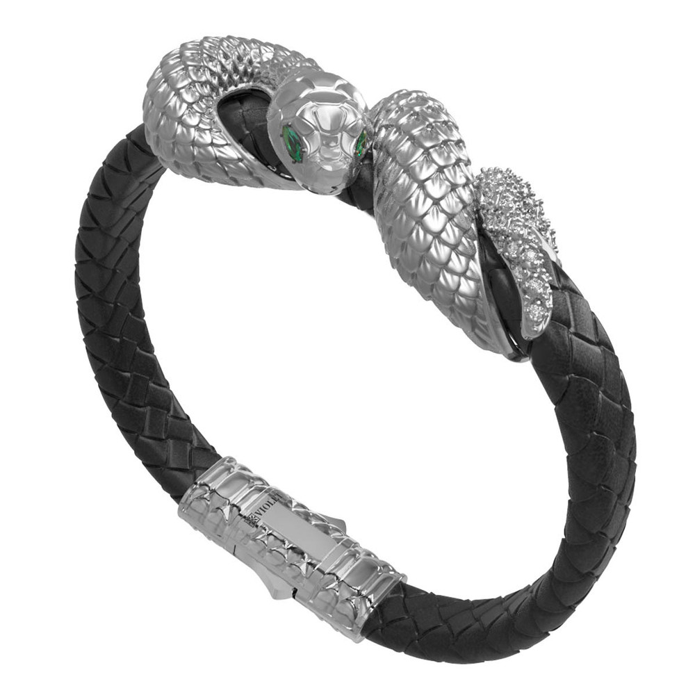 Браслет из белого золота 585 пробы c бриллиантами, изумрудом и шнурком