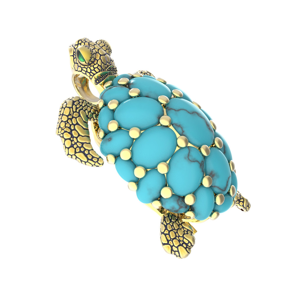 Брошь-подвеска из лимонного золота 585 пробы c эмалью и бирюзой