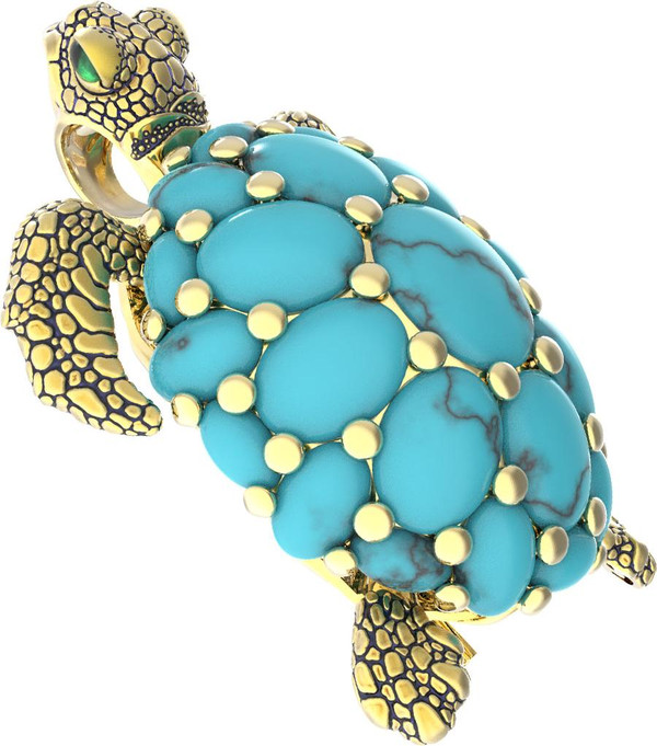 Брошь-подвеска из лимонного золота 585 пробы c эмалью и бирюзой