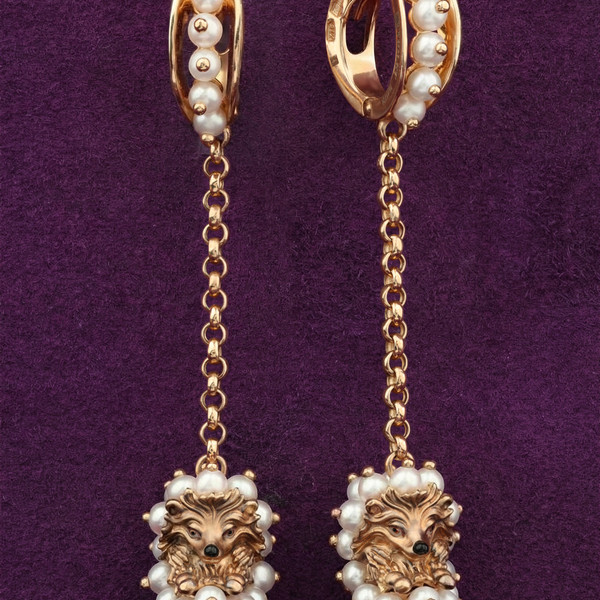 Серьги из красного золота 585 пробы c эмалью и жемчугом