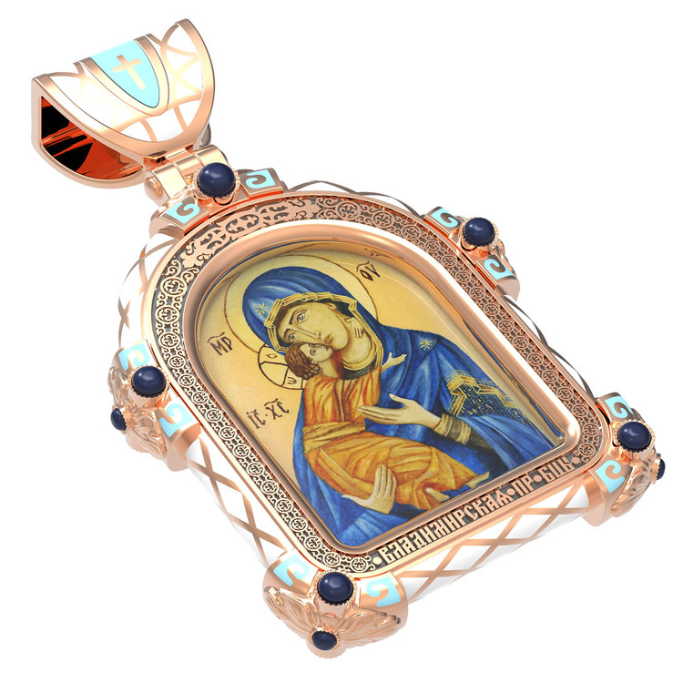 Нательная икона из красного золота 585 пробы c эмалью, иконописью и темперой