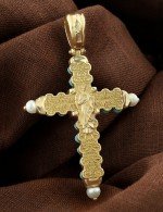 Крест из лимонного золота c жемчугом и бирюзой