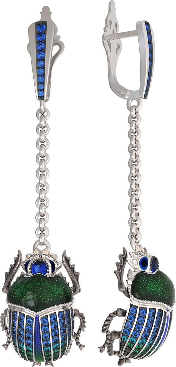 Серьги из белого золота 585 пробы c эмалью, фианитом и сапфиром