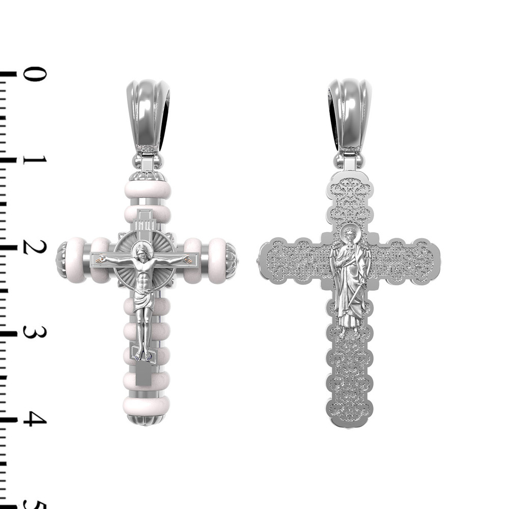 Крест из белого золота 585 пробы c кахолонгом