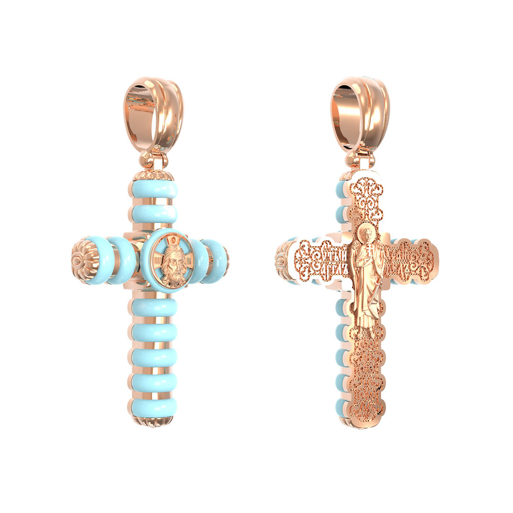 Крест из красного золота 585 пробы c бирюзой