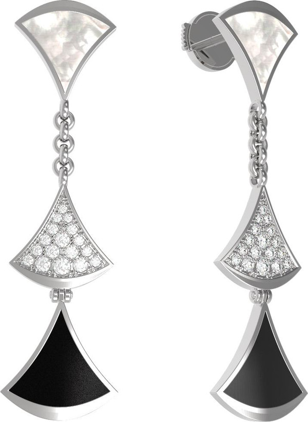 Серьги из белого золота 585 пробы c бриллиантами, ониксом и перламутром