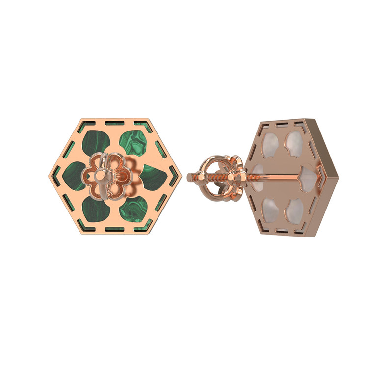 Серьги из красного золота 585 пробы c малахитом и перламутром