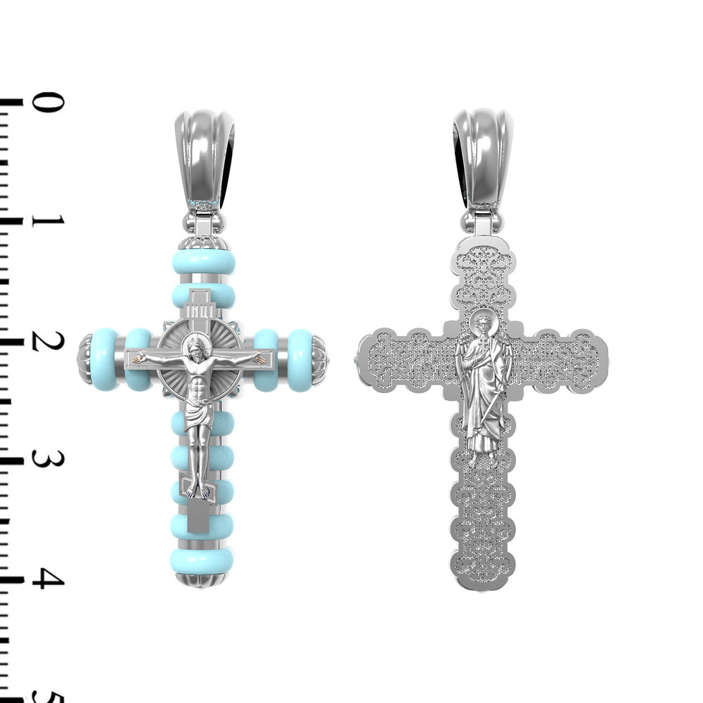 Крест из белого золота 585 пробы c бирюзой