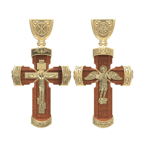 Крест из лимонного золота 585 пробы c деревом груши