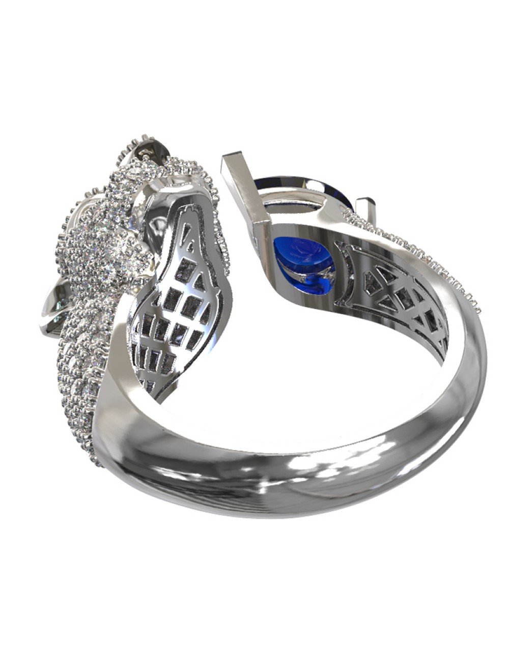 Кольцо из белого золота c бриллиантами, сапфиром и изумрудом