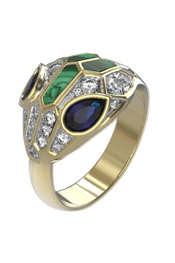 Кольцо из лимонного золота c бриллиантами, сапфиром и малахитом