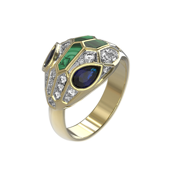 Кольцо из лимонного золота 585 пробы c бриллиантами, сапфиром и малахитом