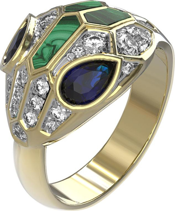 Кольцо из лимонного золота 585 пробы c бриллиантами, сапфиром и малахитом