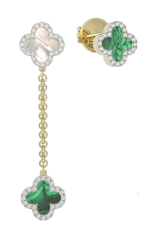 Серьги из лимонного золота c бриллиантами, малахитом и перламутром