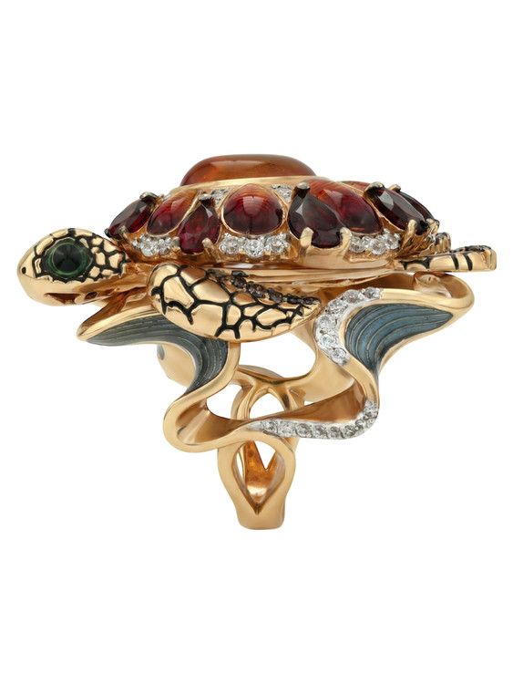 Кольцо из красного золота 585 пробы c эмалью, фианитом, гранатом и янтарём