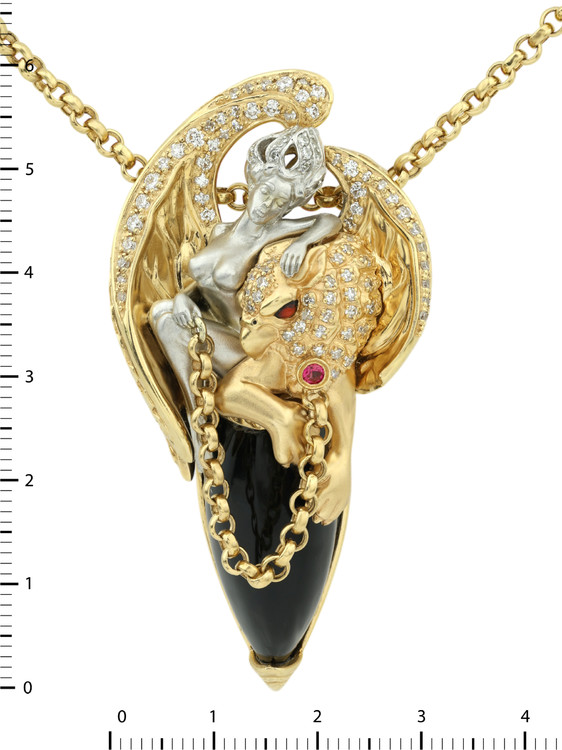 Колье из лимонного золота 585 пробы c эмалью, бриллиантами, рубином, ониксом и рубином