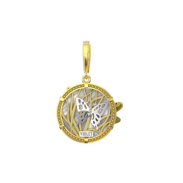 Подвеска из лимонного золота 585 пробы c сапфиром, изумрудом, эмалью и перламутром