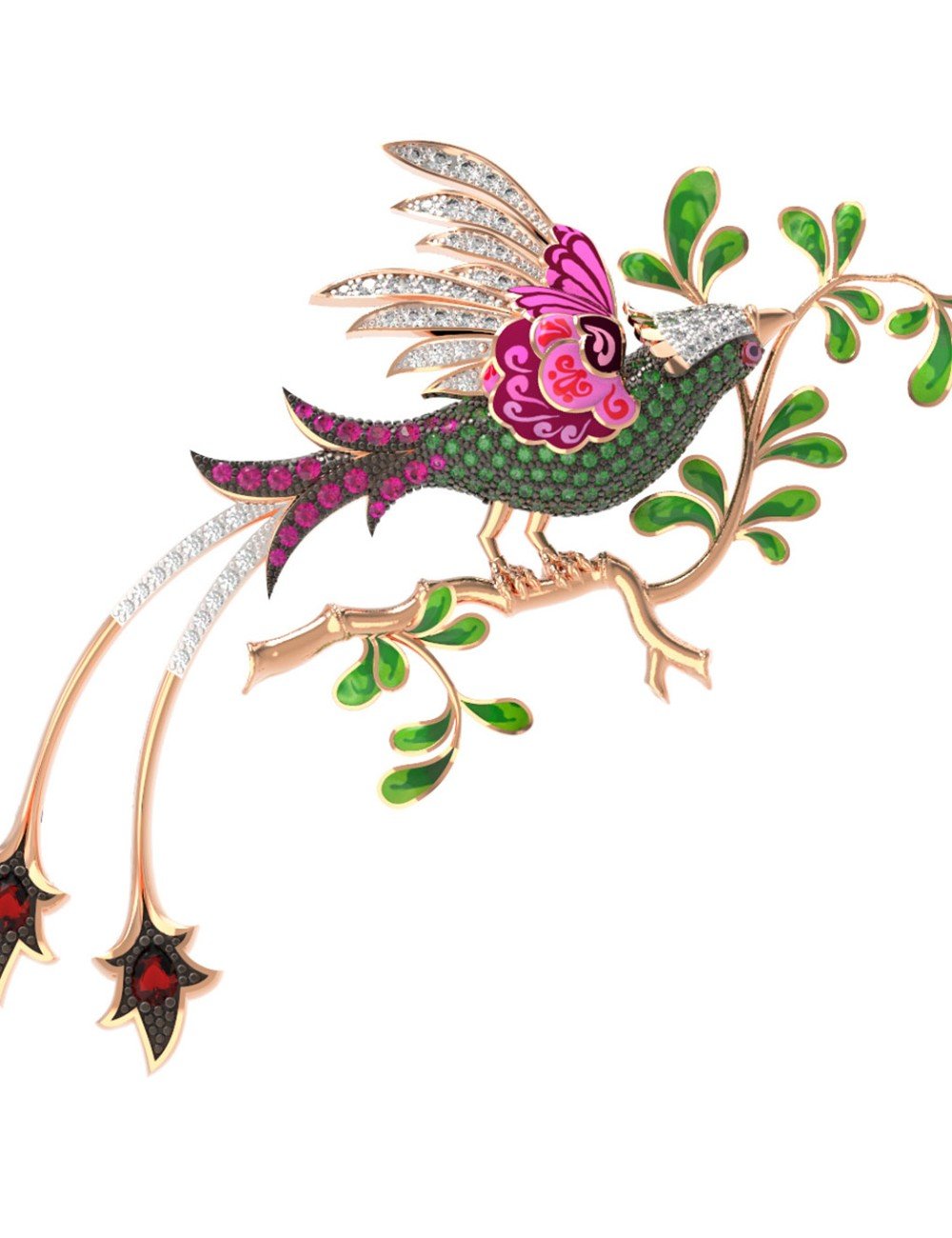 Брошь из золота c эмалью, фианитом и гранатом