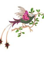 Брошь из золота c эмалью, фианитом и гранатом