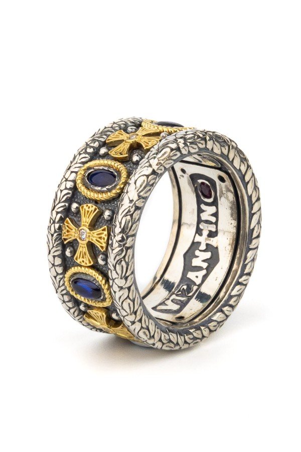 Кольцо из серебра и золота c бриллиантами, сапфиром и рубином