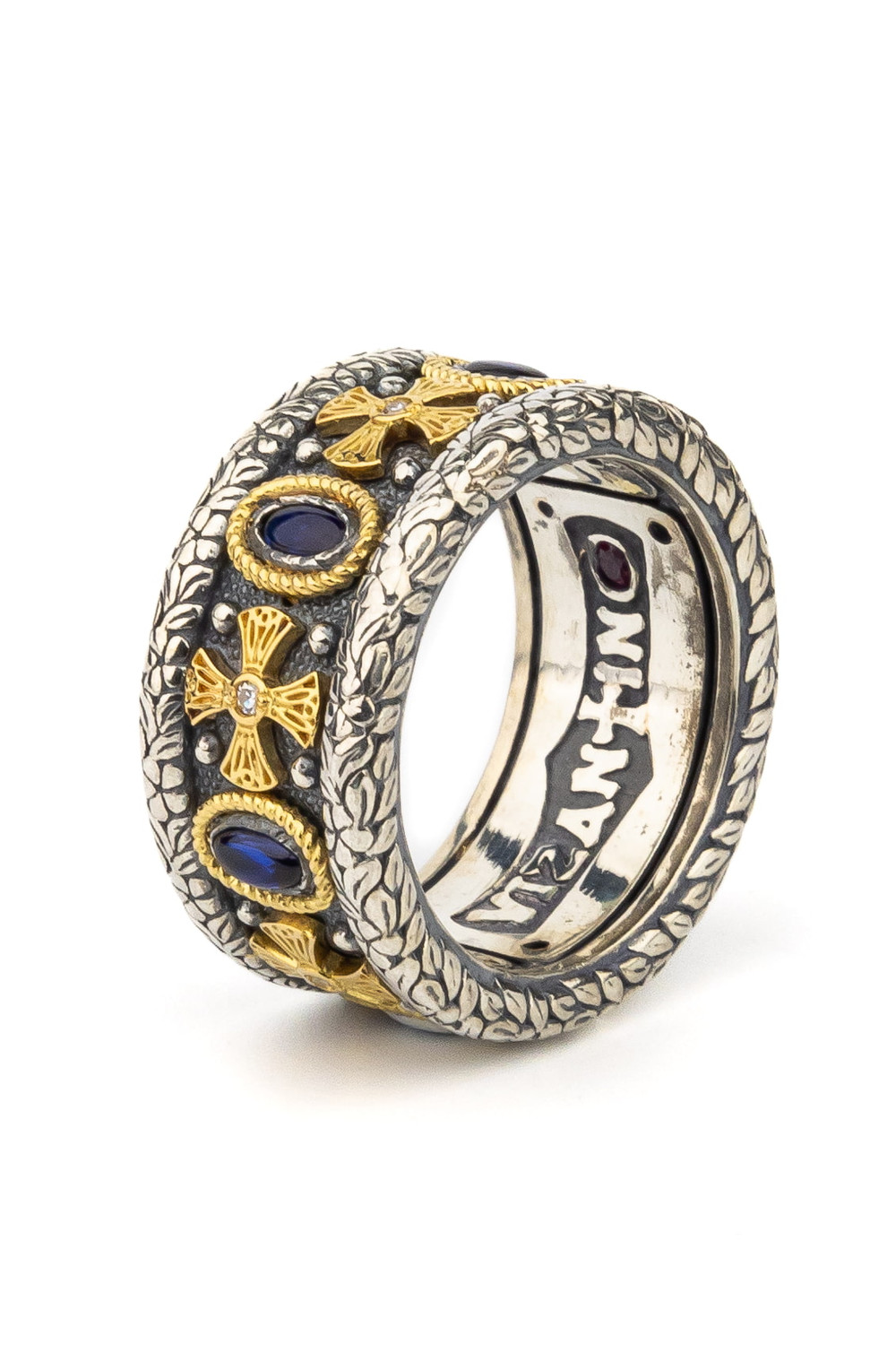 Кольцо из серебра 925 пробы и золота 750 пробы c бриллиантами, сапфиром и рубином