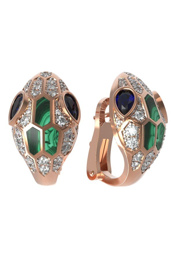 Серьги из золота c бриллиантами, сапфиром и малахитом