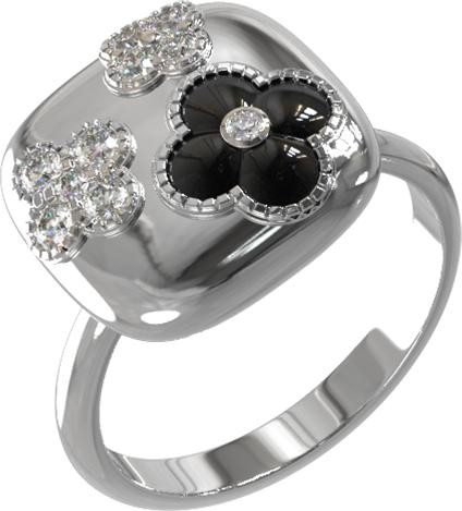 Кольцо из белого золота 585 пробы c бриллиантами и ониксом